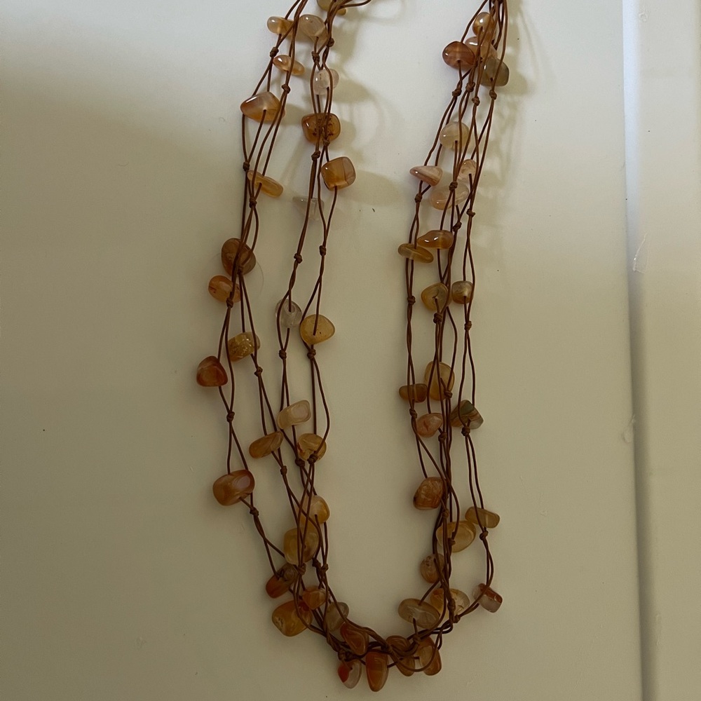 Boho Handmade Necklace Brown Stones Long Length